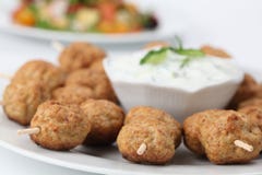 Roast Meatballs On Skewers And Tzatziki Stock Images Roast Meatballs On Skewers And Tzatziki Stock Images