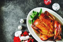 Roasted Whole Chicken. Delicious Homemade Food. Christmas Background. Top View. Copy Space. Stock Photography Roasted Whole Chicken. Delicious Homemade Food. Christmas Background. Top View. Copy Space. Stock Photography
