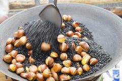 Roasting Chestnuts In The Pan Royalty Free Stock Photography