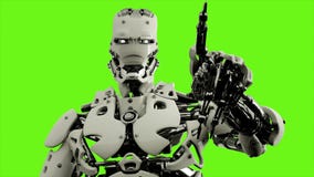 Robot androïde persen de sleutels Realistisch voorzag motie op groene het schermachtergrond van een lus 4K Robot androïde persen de sleutels Realistisch voorzag motie op groene het schermachtergrond van een lus 4K