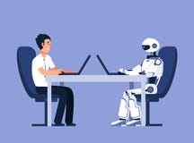 Robot and businessman. Robots vs human, future replacement conflict. Ai, artificial intelligence vector concept vector illustration Robot and businessman. Robots vs human, future replacement conflict. Ai, artificial intelligence vector concept vector illustration