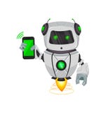 Robot con inteligencia artificial, bot El personaje de dibujos animados divertido sostiene smartphone Organismo cibernético del H stock de ilustración Robot con inteligencia artificial, bot El personaje de dibujos animados divertido sostiene smartphone Organismo cibernético del H stock de ilustración