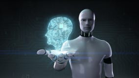 Robot cyborg open palm, Brain shape of head connect digital lines, grow artificial intelligence