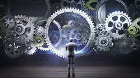Robot, cyborg que coloca las ruedas de engranaje grandes, ruedas de engranaje de conexión inteligencia artificial, informática Robot, cyborg que coloca las ruedas de engranaje grandes, ruedas de engranaje de conexión inteligencia artificial, informática