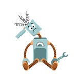The robot has broken, springs sticking out of the head, holding a wrench. vector illustration The robot has broken, springs sticking out of the head, holding a wrench. vector illustration