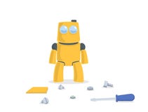 Robot jaune mignon se tenant devant des pièces de rechange et des outils le chef heureux de crabots mignons effrontés de personna illustration libre de droits Robot jaune mignon se tenant devant des pièces de rechange et des outils le chef heureux de crabots mignons effrontés de personna illustration libre de droits