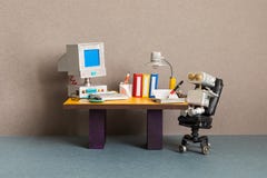 Robot office manager, retro style workplace. Old table with vintage computer, desk lamp and books. Stylish black leather