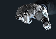 Robot que lleva a cabo el bitcoin con los fingeres en brazo mecánico libre illustration Robot que lleva a cabo el bitcoin con los fingeres en brazo mecánico libre illustration