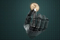Robot que lleva a cabo el bitcoin con los fingeres en brazo mecánico stock de ilustración Robot que lleva a cabo el bitcoin con los fingeres en brazo mecánico stock de ilustración