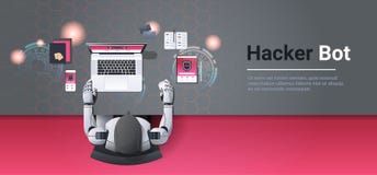 Robot som hackar konstgjord digital säkerhet för information om internet för attack för avskildhet för data för begrepp för bot f vektor illustrationer Robot som hackar konstgjord digital säkerhet för information om internet för attack för avskildhet för data för begrepp för bot f vektor illustrationer