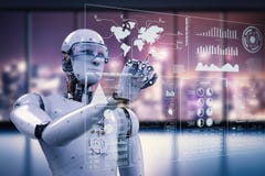 Robot working with digital display Royalty Free Stock Images Robot working with digital display Royalty Free Stock Images