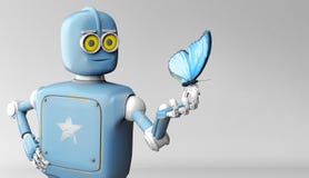Robot y mariposa a mano un fondo azul juguete y naturaleza retros stock de ilustración Robot y mariposa a mano un fondo azul juguete y naturaleza retros stock de ilustración