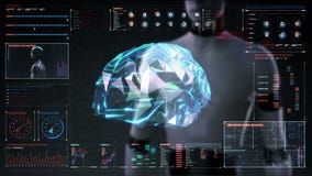 Robota cyborga wieloboka wzruszający mózg, łączy cyfrowe linie w cyfrowego pokazu interfejsie, r przyszłościową sztuczną intelige ilustracji Robota cyborga wieloboka wzruszający mózg, łączy cyfrowe linie w cyfrowego pokazu interfejsie, r przyszłościową sztuczną intelige ilustracji