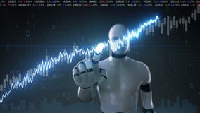 Roboter Cyborg berührte Schirm, verschiedene lebhafte Börsediagramme und -diagramme erhöhen Sie Linie Künstliche Intelligenz Roboter Cyborg berührte Schirm, verschiedene lebhafte Börsediagramme und -diagramme erhöhen Sie Linie Künstliche Intelligenz