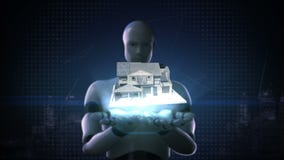 Roboter Cyborg öffnen zwei Palmen, Immobilien, konstruiertes Haus vektor abbildung Roboter Cyborg öffnen zwei Palmen, Immobilien, konstruiertes Haus vektor abbildung