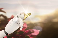 Robothand med en fjäril på den finger för ` s royaltyfri fotografi Robothand med en fjäril på den finger för ` s royaltyfri fotografi