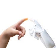 Robotic artificial intelligence future transition child human hand finger hit robot hand press