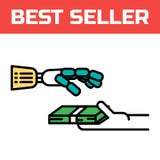 Robotic hand takes money icon. Cyber glove for virtual reality. Innovative digital input device. Modern style logo Stock Illustration Robotic hand takes money icon. Cyber glove for virtual reality. Innovative digital input device. Modern style logo Stock Illustration