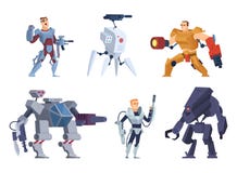 Robots warriors. Characters in exoskeleton brutal future soldiers technology android with guns vector cartoon mascot stock illustration Robots warriors. Characters in exoskeleton brutal future soldiers technology android with guns vector cartoon mascot stock illustration