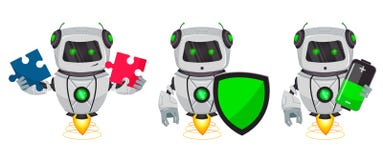 Robô com inteligência artificial, bot, grupo de três poses O personagem de banda desenhada engraçado guarda o enigma, guarda o pr ilustração stock Robô com inteligência artificial, bot, grupo de três poses O personagem de banda desenhada engraçado guarda o enigma, guarda o pr ilustração stock