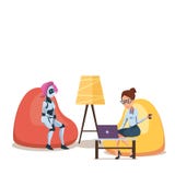Robô e mulher com o portátil em Bean Bag Chair ilustração stock Robô e mulher com o portátil em Bean Bag Chair ilustração stock