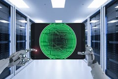 Robô que trabalha com bitcoin imagens de stock Robô que trabalha com bitcoin imagens de stock