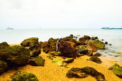 Roches de mer sur la plage sablonneuse jaune photo stock Roches de mer sur la plage sablonneuse jaune photo stock
