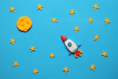 Rocket en espace, étoile, et lune Art de p?te ? modeler, bande dessin?e photographie stock Rocket en espace, étoile, et lune Art de p?te ? modeler, bande dessin?e photographie stock