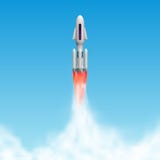 Rocket launch, spaceship start with steam clouds. Shuttle vector illustration. royalty free illustration Rocket launch, spaceship start with steam clouds. Shuttle vector illustration. royalty free illustration