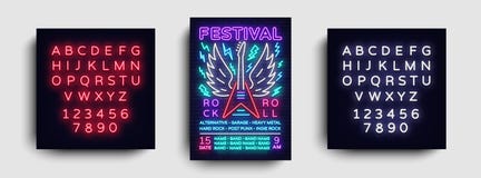 Rockmusikkonzert-Plakatvektor Design-Schablonen-Rockmusik-Festival, Neonart, Neonfahne, heller Flieger, Konzert lizenzfreie abbildung Rockmusikkonzert-Plakatvektor Design-Schablonen-Rockmusik-Festival, Neonart, Neonfahne, heller Flieger, Konzert lizenzfreie abbildung
