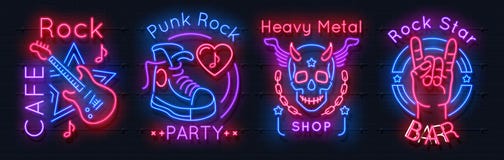 Rockmusikleuchtreklame Metallband-Weinleseplakat, Retro- Embleme der Nachtpartei, Punkbandlogo Rollenvektorneon des Rock-n lizenzfreie abbildung Rockmusikleuchtreklame Metallband-Weinleseplakat, Retro- Embleme der Nachtpartei, Punkbandlogo Rollenvektorneon des Rock-n lizenzfreie abbildung