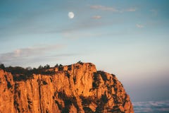 Rocky Mountains Cliff And Moon Sunset Landscape Royalty Free Stock Photography Rocky Mountains Cliff And Moon Sunset Landscape Royalty Free Stock Photography