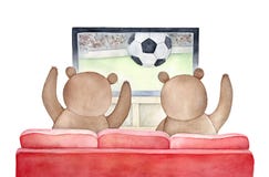 Rode bank met twee heel bruine beren die van een voetbalgelijke bij de Televisie genieten stock illustratie Rode bank met twee heel bruine beren die van een voetbalgelijke bij de Televisie genieten stock illustratie