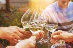 Rodzina różni wieków ludzie radośnie świętuje outdoors z szkłami biały wino, obwieszcza grzanek ludzi ma obrazy stock Rodzina różni wieków ludzie radośnie świętuje outdoors z szkłami biały wino, obwieszcza grzanek ludzi ma obrazy stock