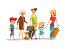 Rodzinna podróży ilustracja dzieciaki, rodzice, dziadkowie lub psi odprowadzenie z podróżnymi torbami, odizolowywał ikony ilustracja wektor Rodzinna podróży ilustracja dzieciaki, rodzice, dziadkowie lub psi odprowadzenie z podróżnymi torbami, odizolowywał ikony ilustracja wektor