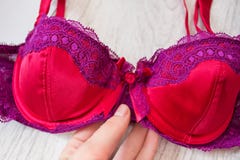 Rojo con el sujetador púrpura en una mano femenina Fondo blanco Cierre para arriba Fotos de archivo Rojo con el sujetador púrpura en una mano femenina Fondo blanco Cierre para arriba Fotos de archivo