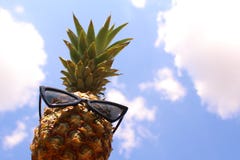 Rolig ananas med solglasögon och den blåa sommarhimlen arkivfoto Rolig ananas med solglasögon och den blåa sommarhimlen arkivfoto