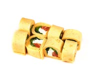 Roll with pancake salad, fish and cheese on white background. Japanese food stock image Roll with pancake salad, fish and cheese on white background. Japanese food stock image