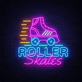 Roller Skates Neon Sign Vector. Retro quad roller skates neon logo, design template, modern trend design, night neon vector illustration Roller Skates Neon Sign Vector. Retro quad roller skates neon logo, design template, modern trend design, night neon vector illustration