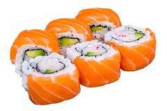 Rollos de sushi de color salmón aislados en blanco fotografía de archivo libre de regalías Rollos de sushi de color salmón aislados en blanco fotografía de archivo libre de regalías