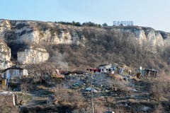 Roma hovels under the sign of Balchik town stock images Roma hovels under the sign of Balchik town stock images