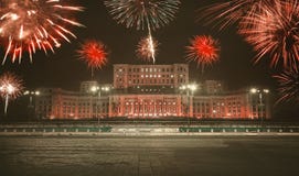 Romania Parliament House, New Year Celebrating With Fireworks, Fine Art Edit Royalty Free Stock Photography Romania Parliament House, New Year Celebrating With Fireworks, Fine Art Edit Royalty Free Stock Photography
