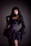 Romantisches gotisches Mädchen in purpurroter und schwarzer gotischer Halloween-Ausstattung lizenzfreie stockbilder Romantisches gotisches Mädchen in purpurroter und schwarzer gotischer Halloween-Ausstattung lizenzfreie stockbilder
