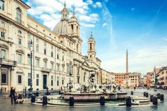 Rome, Italy, 26 April 2017. The famous Navona square /Piazza Navona/. Sant` Agnese church and La Fontana del Moro in front. Royalty Free Stock Photo Rome, Italy, 26 April 2017. The famous Navona square /Piazza Navona/. Sant` Agnese church and La Fontana del Moro in front. Royalty Free Stock Photo