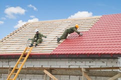 Roofing work with metal tile