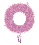 Rosa färger och lila frodig vektorkrans som göras från beståndsdelar av blommor och glansiga hjärtor med pilbågen av det skinande vektor illustrationer Rosa färger och lila frodig vektorkrans som göras från beståndsdelar av blommor och glansiga hjärtor med pilbågen av det skinande vektor illustrationer