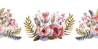 Rosas cor-de-rosa, bot?es, folhas Repetindo a beira horizontal do ver?o Aquarela floral r ilustração do vetor Rosas cor-de-rosa, bot?es, folhas Repetindo a beira horizontal do ver?o Aquarela floral r ilustração do vetor