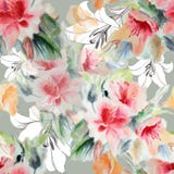 Rose Chinese, lily graphic flowers watercolor, pattern seamless stock illustration Rose Chinese, lily graphic flowers watercolor, pattern seamless stock illustration