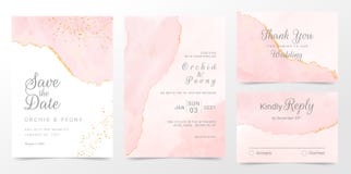 Rose gold wedding invitation cards template set. Artistic watercolor background of pink brush stroke splash. Abstract foil design