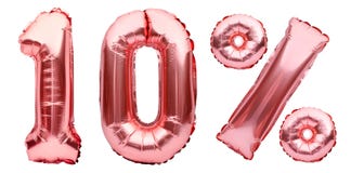 Rose golden ten percent sign made of inflatable balloons isolated on white. Helium balloons, pink foil numbers. Sale decoration,